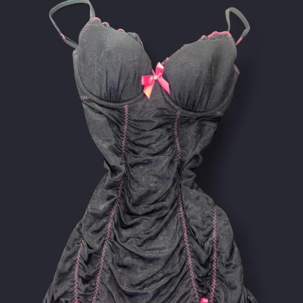SOLD - Black & Pink Mesh Lingerie Dress with Garters